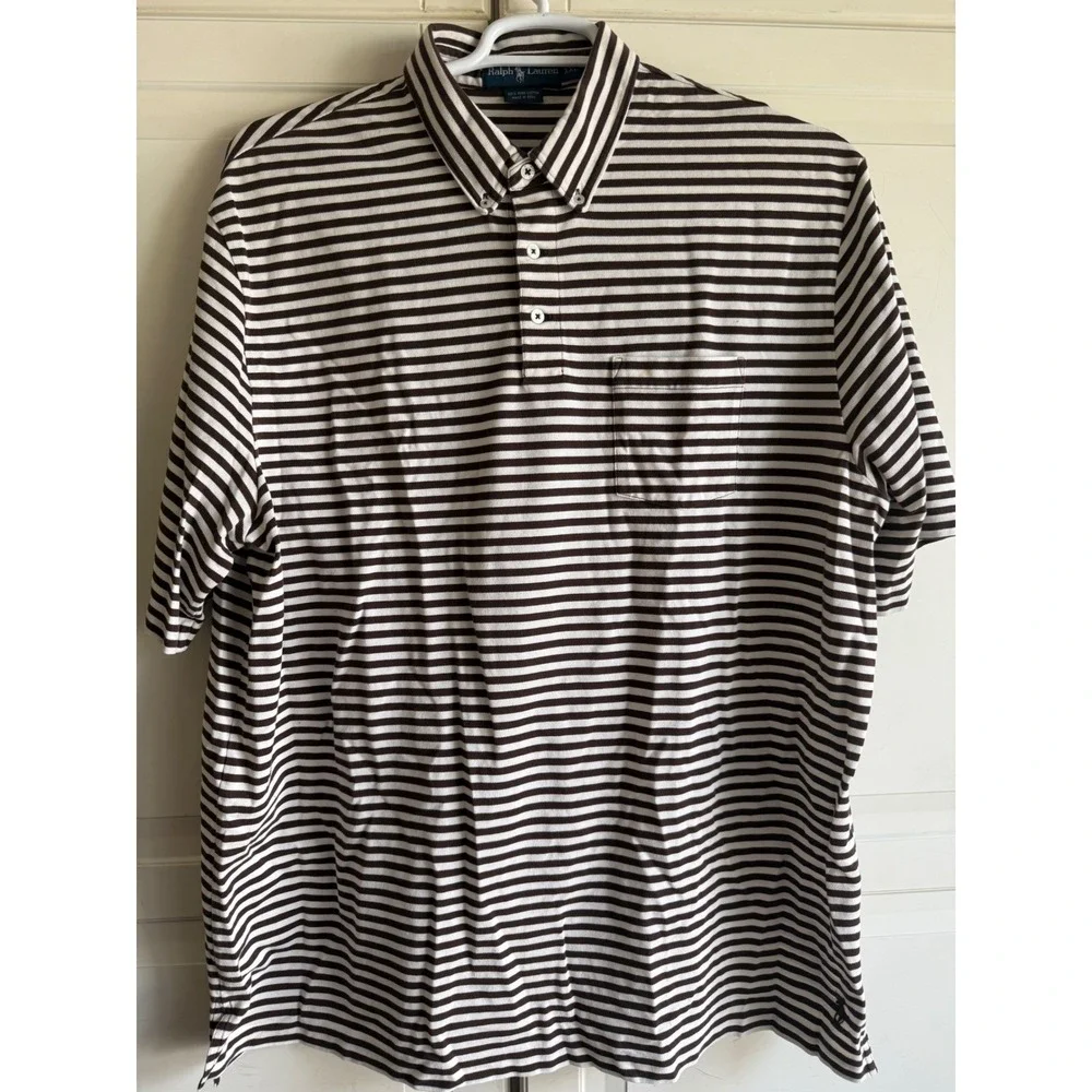 Ralph Lauren Brown White Striped Pima Cotton Polo Shirt Mens XXL Pocket Logo